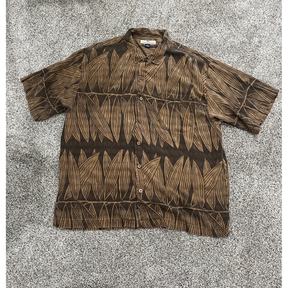 Tommy‎ Bahama Mens XL Brown 100% Silk Short Sleeve Button Down Leaf Print Shirt